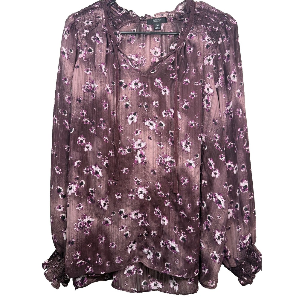 Simply Vera Vera Wang Women's Blouse PXL Purple‎ Floral Long Sleeve Sheer Top